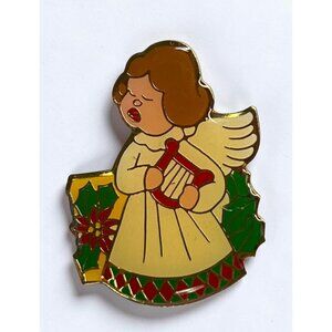 Christmas Angel Brooch Lapel Pin Gold Tone Red Harp Musician Vintage Gift